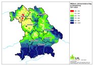 Landkarte von Bayern: Mittlerer Jahresniederschlag je Gemarkung 2011–2020, durch verschiedene Farben kenntlich gemacht.