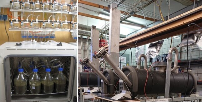 Blick in einen Wärmeschrank und Ansicht eines liegenden Bioreaktors im Labor