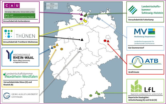 Landkarte von Deutschland mit den Projektpartnern des InnoRind-Verbundvorhabens.
