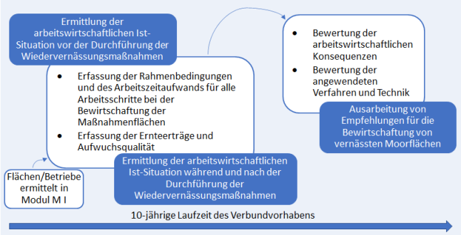 Ablaufschema: Einordnung der Hauptziele der arbeitswirtschaftlichen Begleituntersuchungen im Rahmen des Verbundvorhabens.