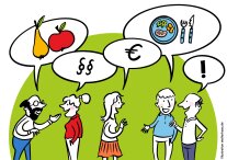 Gezeichnete Personen mit Sprechblasen mit Paragraphen, Eurozeichen, Apfel und Birne und einen Teller