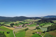 Ein Dorf inmitten von Wiesen, Feldern und Wäldern aus der Vogelperspektive