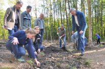 Eine Gruppe von stehenden und knieenden Männern und Frauen untersuchen den Waldboden.