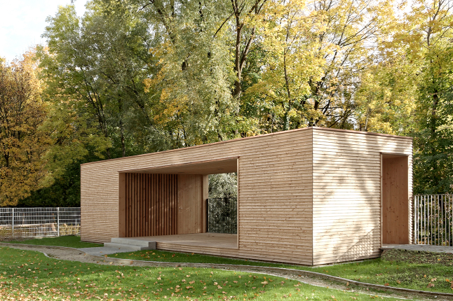 Kastenförmiger Pavillon aus Holz (© Stefan Speier)