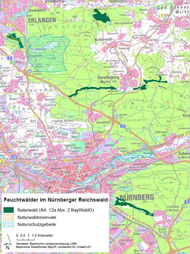 Übersichtskarte des Artenschutzgebiets "Feuchtwälder im Nürnberger Reichswald" bei der die Ausweisungen als Naturwaldfläche nach Art. 12 a BayWaldG mit dunkelgrüner Farbe eingezeichnet sind. Naturschutzgebiete sind blau und Naturwaldreservate orange schraffiert. (Geobasisdaten: Bayerische Staatsforsten BaySF, Bayerische Landesvermessung LDBV, Landesamt für Umweld LfU)