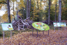 Verschiedene Schautafeln vor Altholzhaufen im Wald