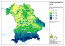 Die Karte zeigt den Anstieg des R-Faktor je Gemeinde von Nord- nach Südbayern. Als farblichen Gradienten von Gelb nach Blau