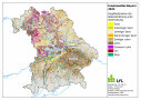 Es werden auf dieser Karte die Hauptbodenarten für die Ackerflächen in Bayern farbig dargestellt
