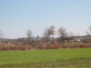 Feld mit Hecke und Dorf dahinter