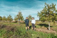 zwei Mänder stehen auf einer Streuobstwiese