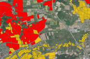 Luftbild einer Agrarlandschaft, bei der einzelne Felder rot oder gelb eingefärbt sind.