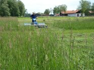 Eine Person mäht mit der Stachelwalze eine Wiese.