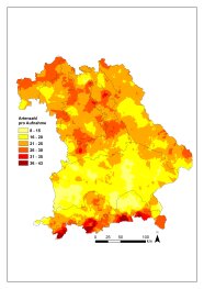 Karte von Bayern: Verteilung der mittleren Artenzahlen im Grünland in Bayern, dargestellt in sechs Abstufungen von gelb bis rot.
