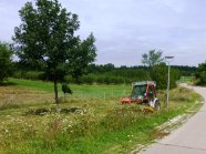 Traktor beim Mähen einer Wiese am Weg