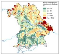 Mittlere Hangneigung S der Ackerflächen je Gemeinde von 0,7 bis 23,6%