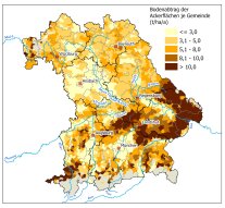 Erosionskarte Bayern: Abtrag je Gemeinde von gelb unter 3,0 bis tiefbraun über 10,0 t/ha*a 