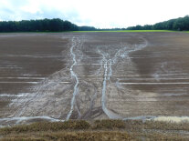 Ackerfläche mit starken Erosionsrinnen, in denen Bodenmaterial weggeschwemmt wurde