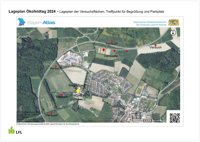 Karte aus dem Bayernatlas mit eingezeichneten Versuchsstandorten