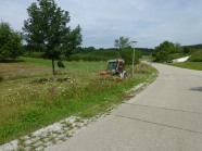 Weg mit Grünstreifen, der gemäht wird