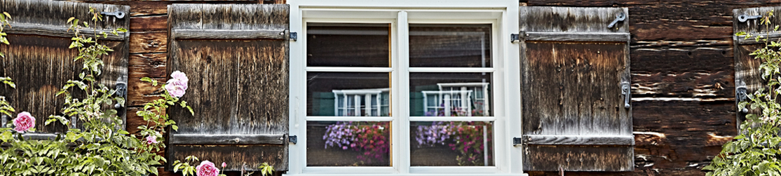 Ein weißes Sprossenfenster in einem Holzhaus mit Rosen eingerahmt.