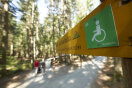 Schild auf einem Wanderweg mit einem Rollstuhl Piktogramm