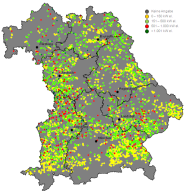 Räumliche Verteilung der landwirtschaftlichen Biogaserzeugung in Bayern.