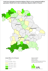 Karte zum Anteil der ökologisch bewirtschafteten Flächen an der landwirtschaftlich genutzten Fläche in den Landkreisen Bayerns