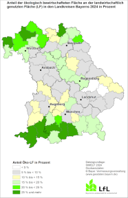 Karte zum Anteil der ökologisch bewirtschafteten Flächen an der landwirtschaftlich genutzten Fläche in den Landkreisen Bayerns