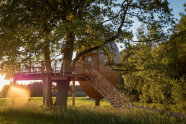 Über eine Holztreppe begehbares Holzei im Grünen.