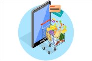 digital gezeichnetes Bild: voller Einkaufswagen vor riesigen Mobiltel., 2 Plastikkarten