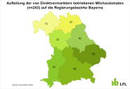 Bayernkarte mit der Aufteilung der von Direktvermarktern betriebenen Milchautomaten (n=243) auf die Regierungsbezirke in Bayern (Unterfranken: 30, Oberfranken: 55, Mittelfranken: 79, Oberpfalz: 56, Schwaben: 87, Oberbayern: 136, Niederbayern: 69).