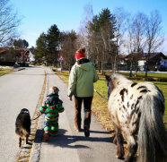 Von hinten: Jugendliche mit Pony und Vorschulkind mit Hund an der Leine gehen auf einem Gehweg in einen Ort 