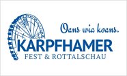 Ein schematisiertes Riesenrad mit Text: Oans wia koans. Karpfhamer Fest & Rottalschau.