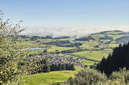 Ein Tal mit grünen Wiesen, Wäldern, Straßen, kleinem See und einer kleinen Ortschaft.