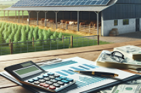 Solaranlage auf landwirtschaftlicher Halle im Außenbereich, vorne mit Taschenrechner, KI-generiertes Bild