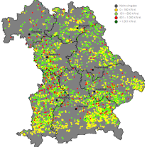 Karte: Räumliche Verteilung der landwirtschaftlichen Biogaserzeugung in Bayern zum 31.12.2012