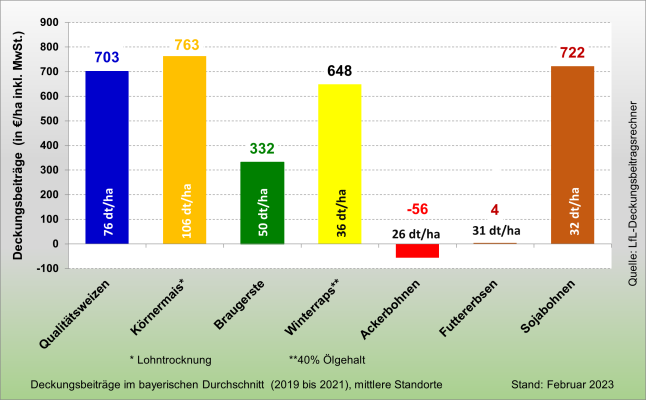 Abbildung 4 stellt die Höhe der Deckungsbeiträge von Vergleichsfrüchten im bayerischen Durchschnitt der Jahre 2019 bis 2021 dar. So kommt Qualitätsweizen auf 703 Euro je Hektar, Körnermais auf 763 Euro, Winterraps auf 648 Euro und die Sojabohne auf 722 Euro je Hektar. Die Braugerste lag bei 332 Euro, Ackerbohnen bei minus 56 Euro und die Futtererbse bei 4 Euro je Hektar. Von den Körnerleguminosen zeigt sich also nur die Sojabohne als konkurrenzkräftig.