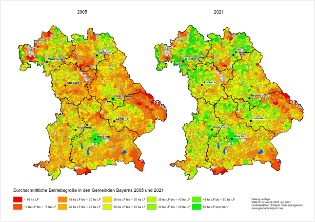 Bayernkarten mit farblicher Darstelllung der Betriebsgrößen