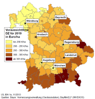 Bayerkarten mit der voraussichtlichen regionale Verteilung der Direktzahlungen in Bayern im Jahr 2019