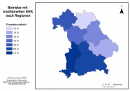 Grafik: Betriebe mit Fremdenverkehr in Bayern (Ferienwohnungen, Ferienzimmer und Camping) als Einkommenskombination nach Regionen (die meisten Betriebe mit Fremdenverkehr finden sich mit 7,2 % in Schwaben, das Schlusslicht bildet Oberfranken mit 1,2 %)
