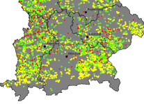 Karte Räumliche Verteilung der landwirtschaftlichen Biogaserzeugung in Bayern zum 31.12.2012