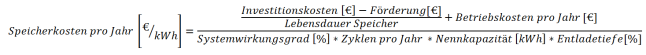 Rechenformel Speicherkosten Stromspeicher