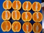 Zwölf aufgeschnittene Orangen auf einer blauen Fläche.