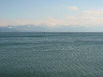 Panoramaansicht über den Bodensee. Im Hintergrund ist eine Bergkette der Alpen sichtbar.