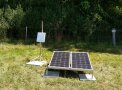 Das Bild zeigt eine solarzellenbetriebene Antennenstation auf einer Weide.