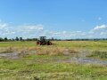 Mähen einer nassen Moorfläche mit einem Traktor mit Balkenmäher als Frontanbau.