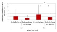 Anteil hochgradig verletzter Rammler mit 12 und 13 Wochen Alter in Bodenhaltung mit und ohne Auslauf im Mittel über die Versuche 1 bis 4