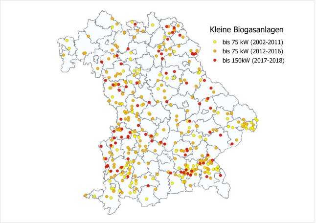 Bayernkarte mit kleinen Biogasanlagen (installierte el. Leistung bis 75 kW (2002-2016), sowie Anlagen bis 150 kW (2017-2018)