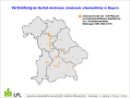 Bayernkarte mit allen Ambrosia-Fundorten mit mehr als 100 Pflanzen auf landwirtschaftlichen Flächen (inkl. Schnittblumenfelder) von 2007 bis 2022