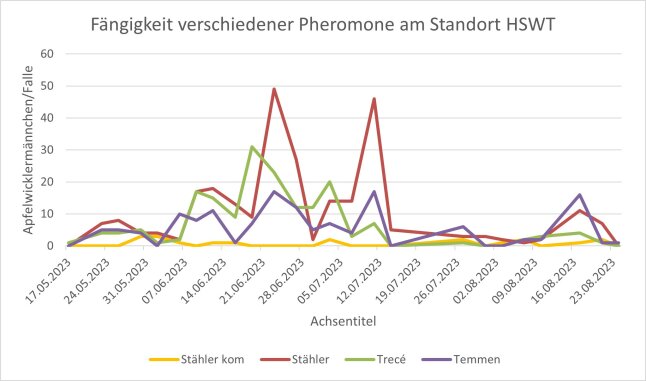 Fängigkeit vier verschiedener Apfelwickler-Pheromone 2023 Standort HSWT